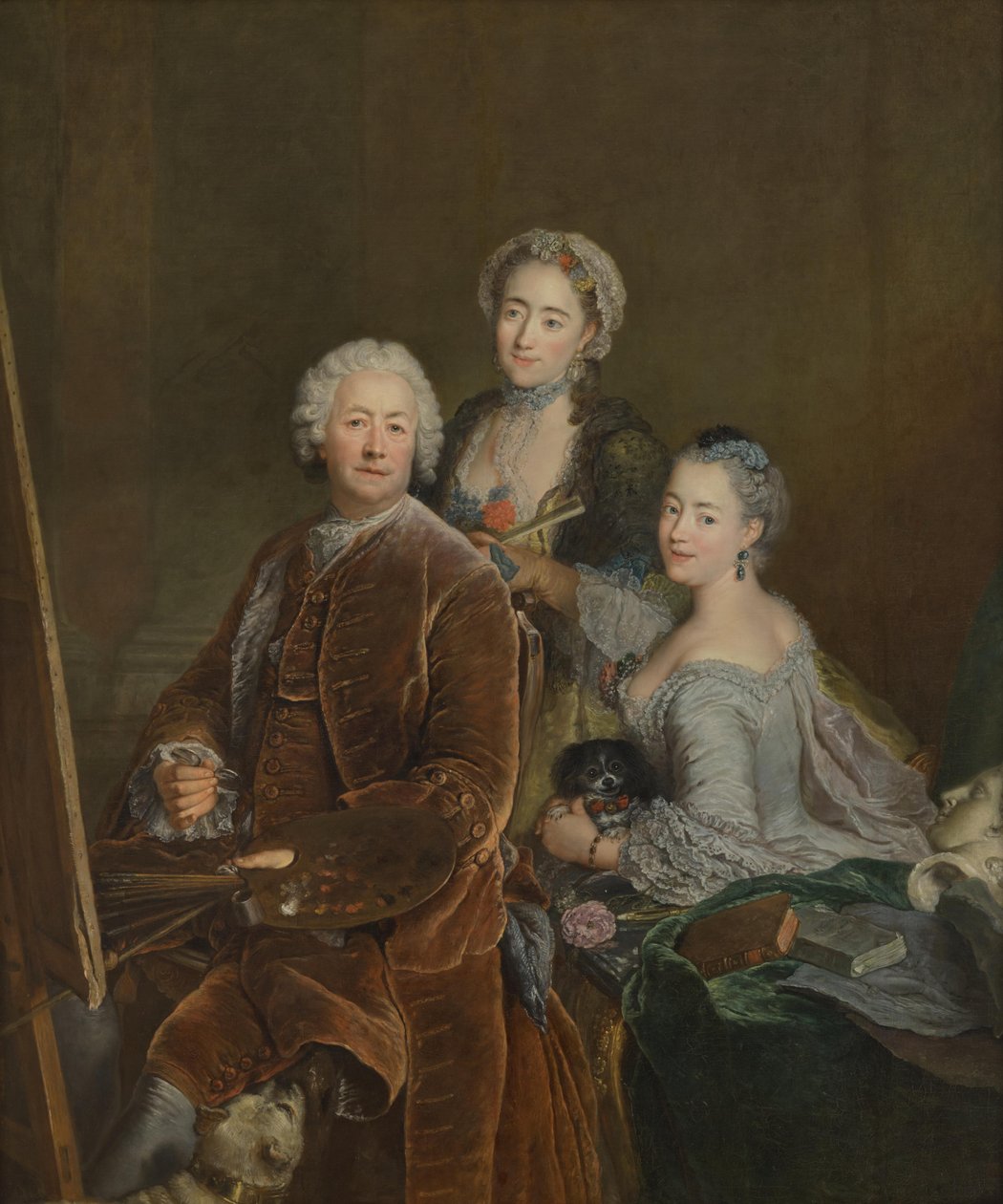 Selbstbildnis vor der Staffelei mit den Töchtern Henriette Joyard und Marie de Rège von Antoine Pesne