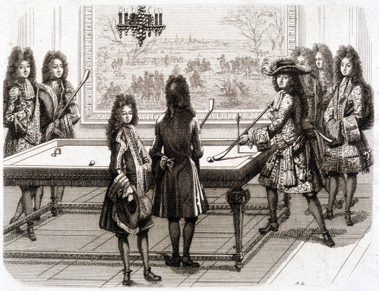 Ludwig XIV. spielt Billard (mit Monsieur (Bruder des Königs), Herzog von Vendôme, Graf von Toulouse, Chamillart, der König, M. d