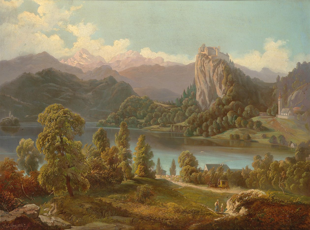Ansicht der Burg und Insel mit der St. Marienkirche am Bleder See von Anton Karinger