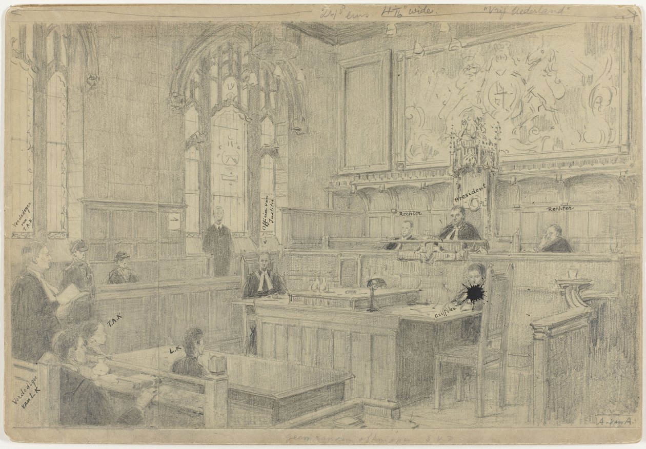 Studie der gesamten Komposition für das (unvollendete) Gemälde des niederländischen Gerichts in London, Juni 1942 von Anton Abraham van Anrooy