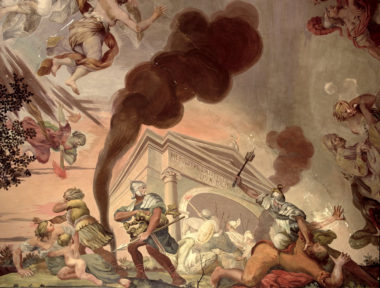 Der Triumph des Friedens über den Krieg, Detail von Soldaten, die einen Tempel plündern, von der Decke des Hauptsaals von Anton Agelo Bonifazi