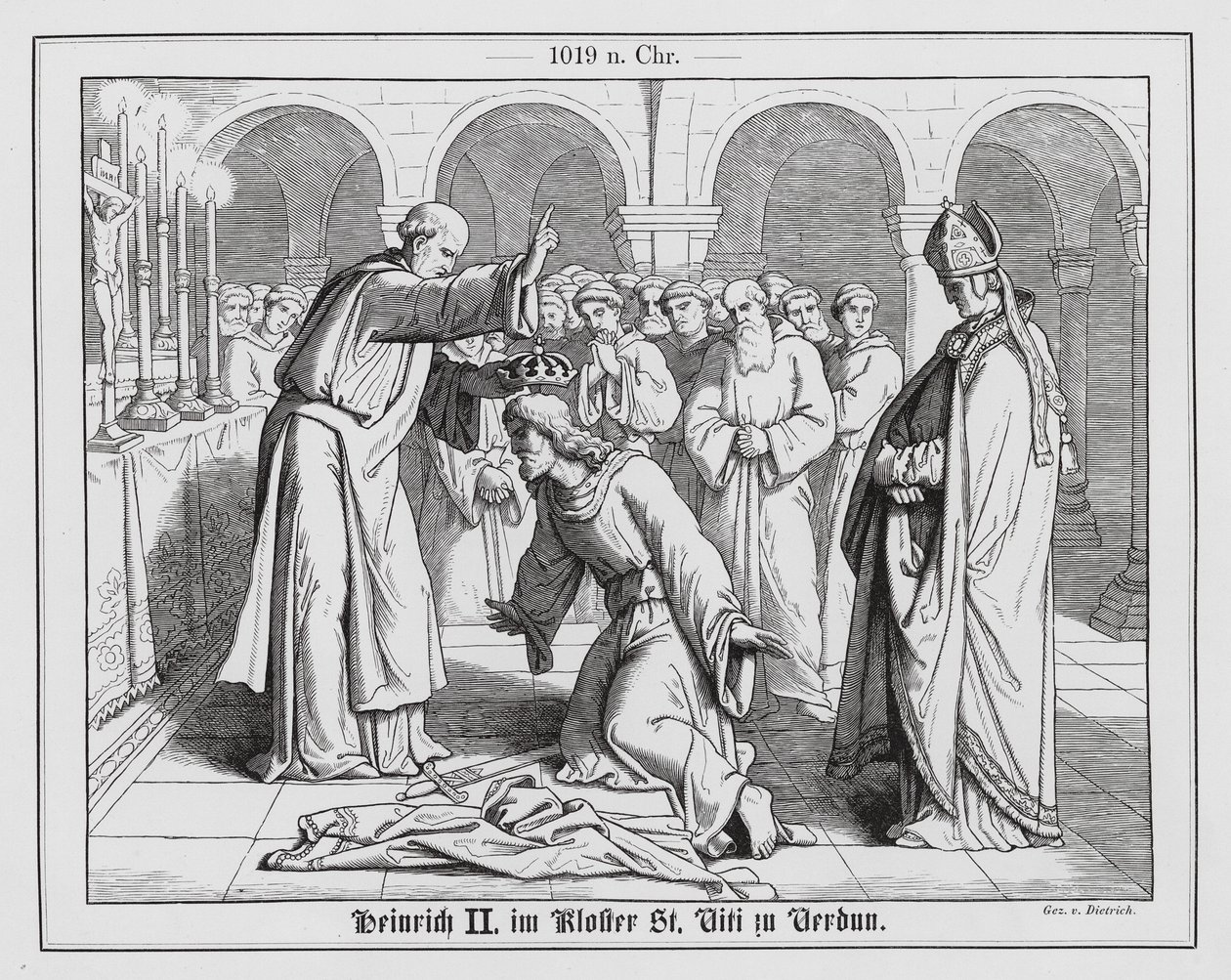 Der Heilige Römische Kaiser Heinrich II. erhält einen Segen im Kloster St. Vitus in Verdun von Anton Dietrich