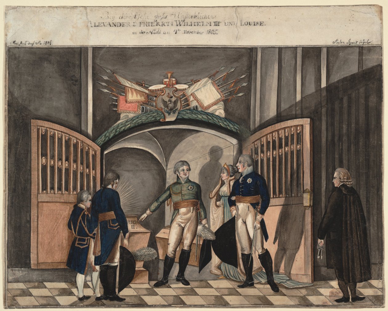 In der Nähe der Asche von Friedrich dem Großen. Zar Alexander I., König Friedrich Wilhelm III. und Louise von Preußen von Anton Ignaz Vogel
