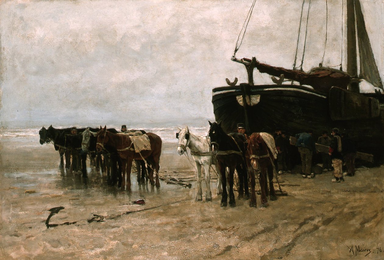 Bomschuit mit Schlepppferden am Strand von Scheveningen von Anton Mauve