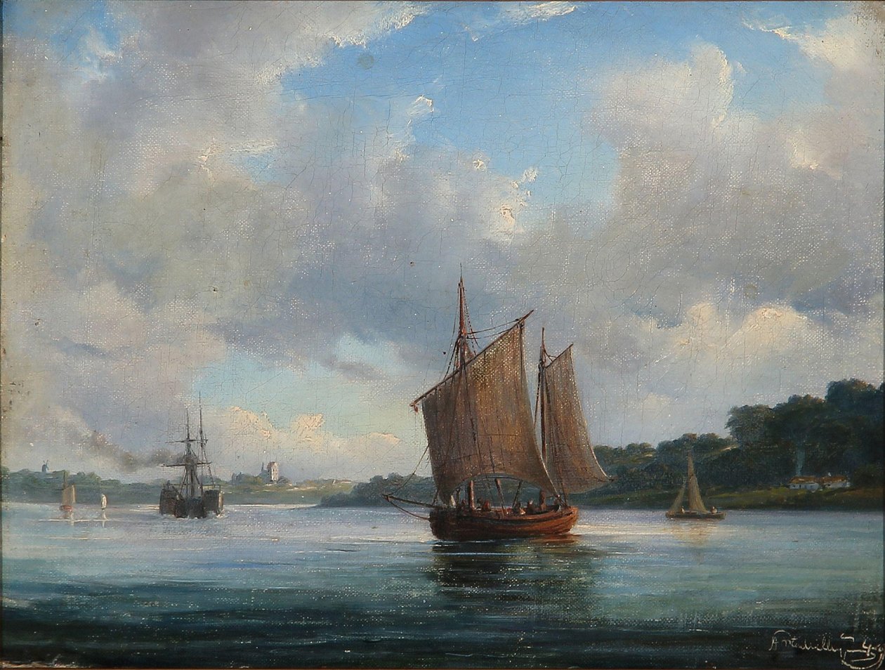 Fjord-Szene mit Fischerbooten und einem Raddampfer von Anton Melbye