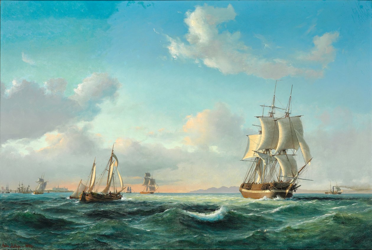Das Segelschiff ‚Johanna‘ und andere Schiffe vor Schloss Kronborg von Anton Melbye