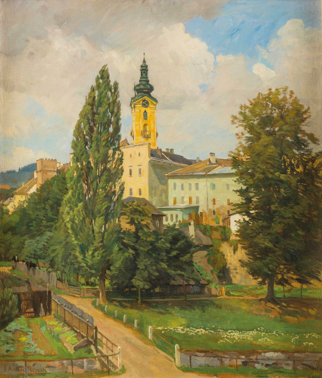 Motiv aus Freistadt mit Wehrturm und Kirche von Anton Nowak