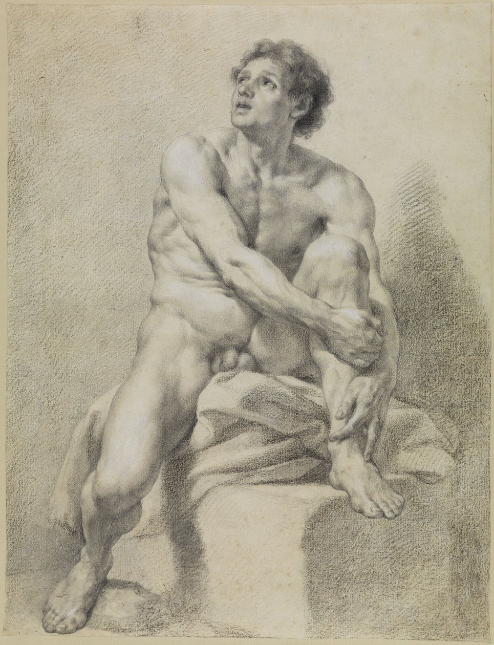 Sitzender männlicher Akt, etwa frontal, das linke Bein hochgestellt und mit beiden Händen gehalten von Anton Raphael Mengs