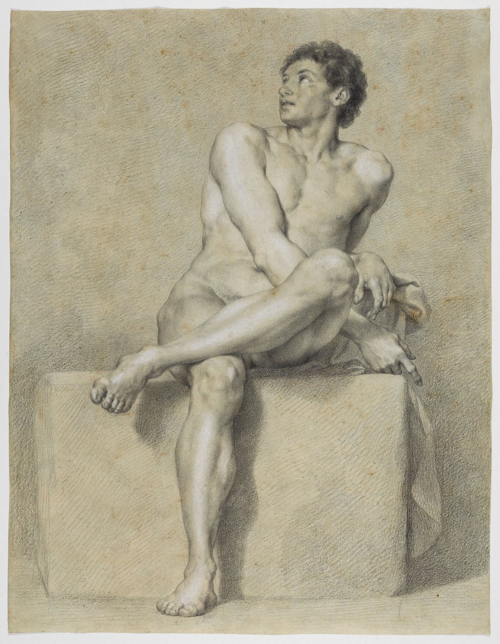 Sitzender männlicher Akt, frontal, das linke Bein über das rechte gelegt, aufblickend von Anton Raphael Mengs