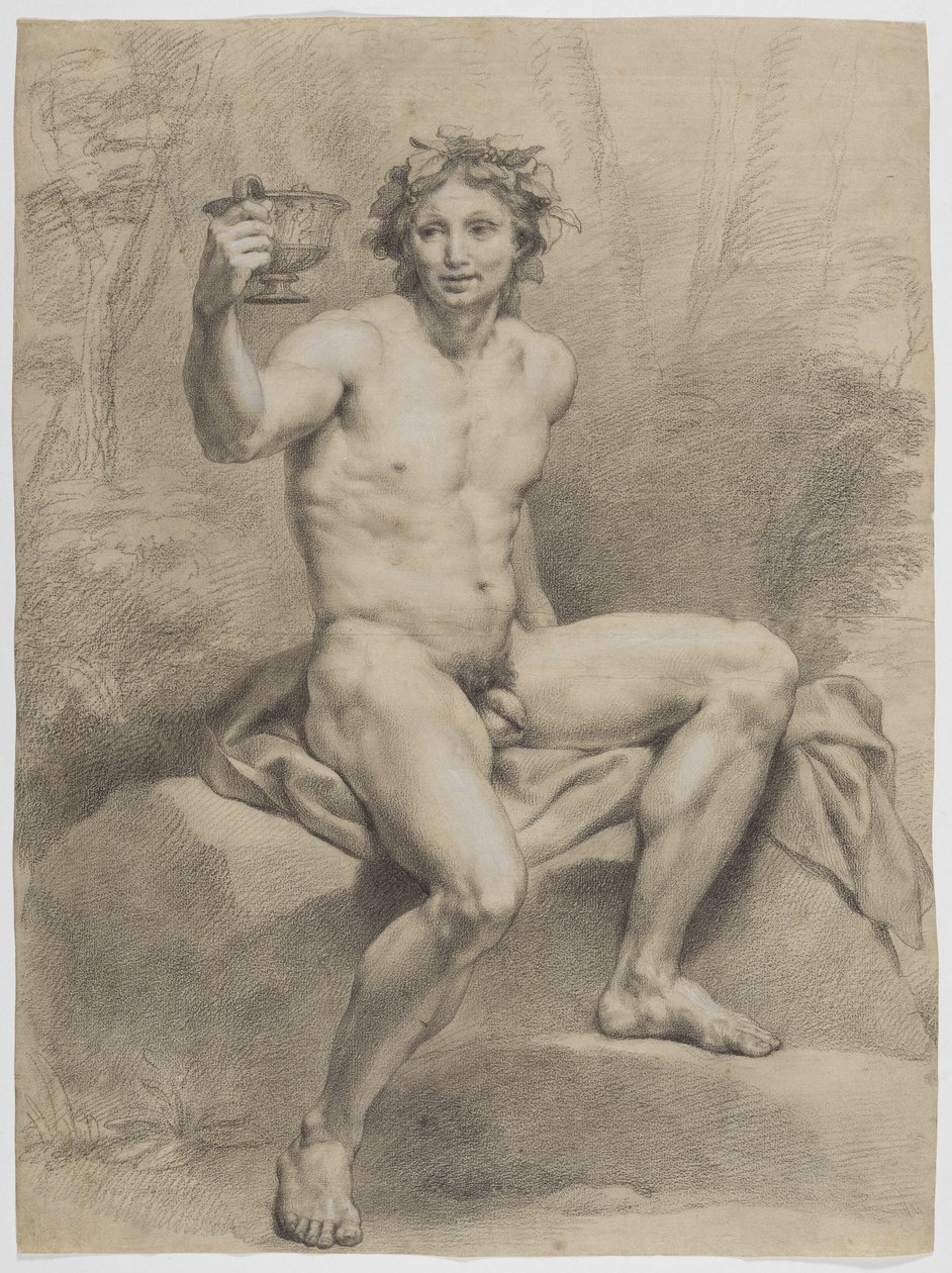 Sitzender männlicher Akt, schräg nach rechts, mit Weinlaubkranz und Trinkschale in der Rechten von Anton Raphael Mengs