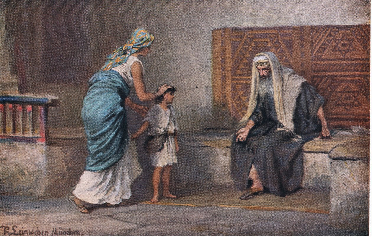 Hannah bringt Samuel zu Eli, aus Hulberts Geschichte der Bibel, veröffentlicht von The John Winston Company, 1932 von Anton Robert Leinweber