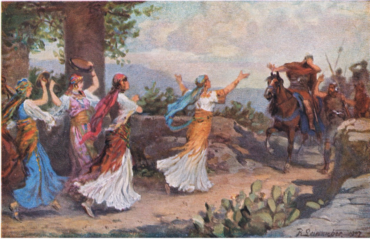 Jephtas Tochter kommt heraus, um ihren Vater zu treffen, aus Hulberts Geschichte der Bibel, veröffentlicht von The John Winston Company, 1932 von Anton Robert Leinweber