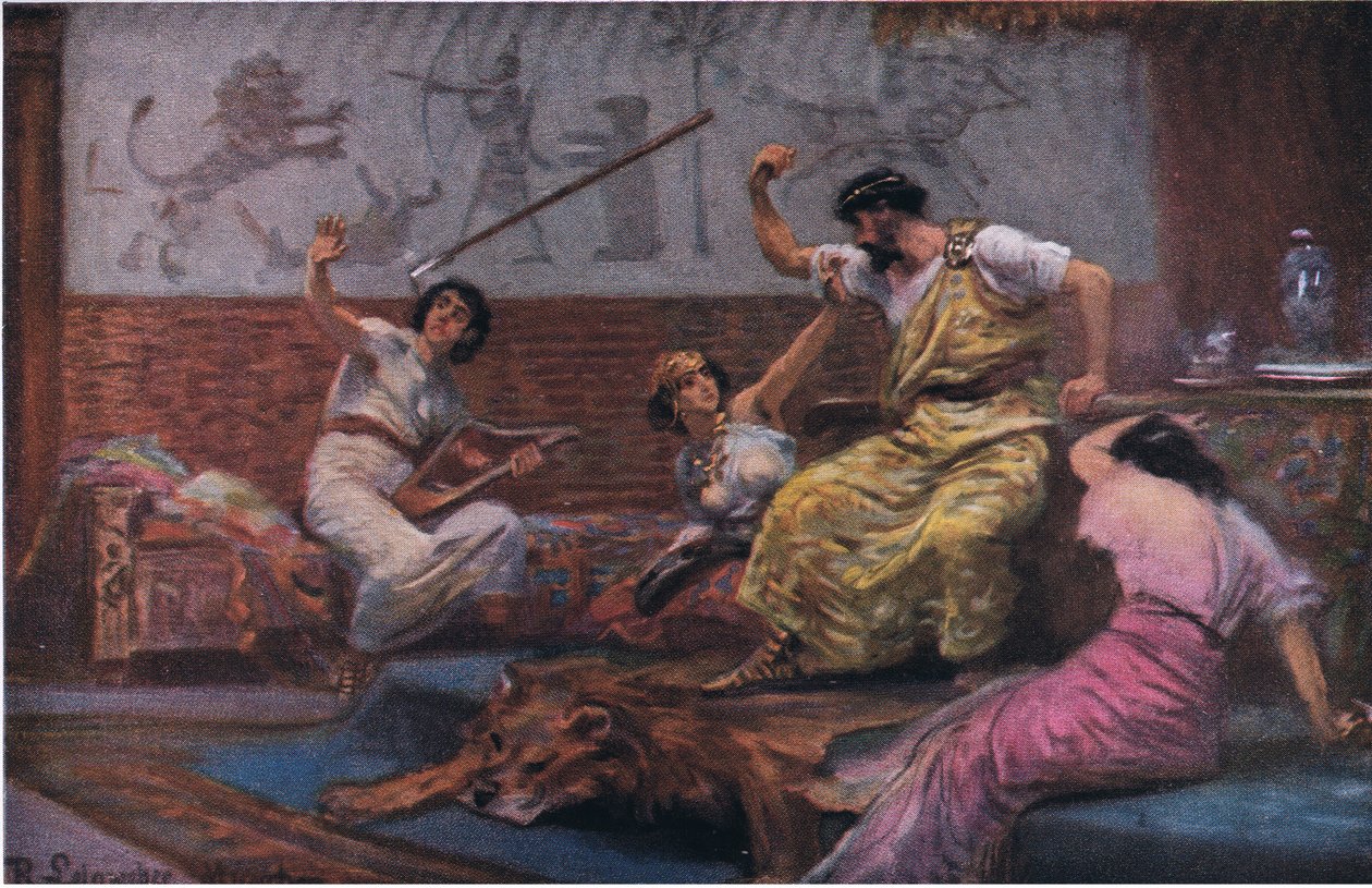 Saul wirft seinen Speer auf David, aus Hulberts Geschichte der Bibel, veröffentlicht von The John Winston Company, 1932 von Anton Robert Leinweber