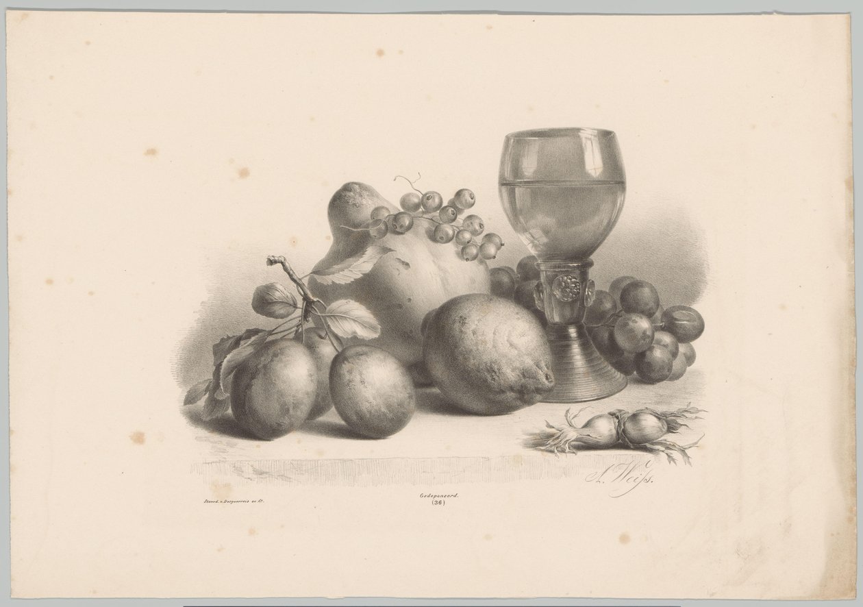 Stillleben mit Glas, Pflaumen, Zitrone, Trauben und Haselnüssen von Anton Weiss