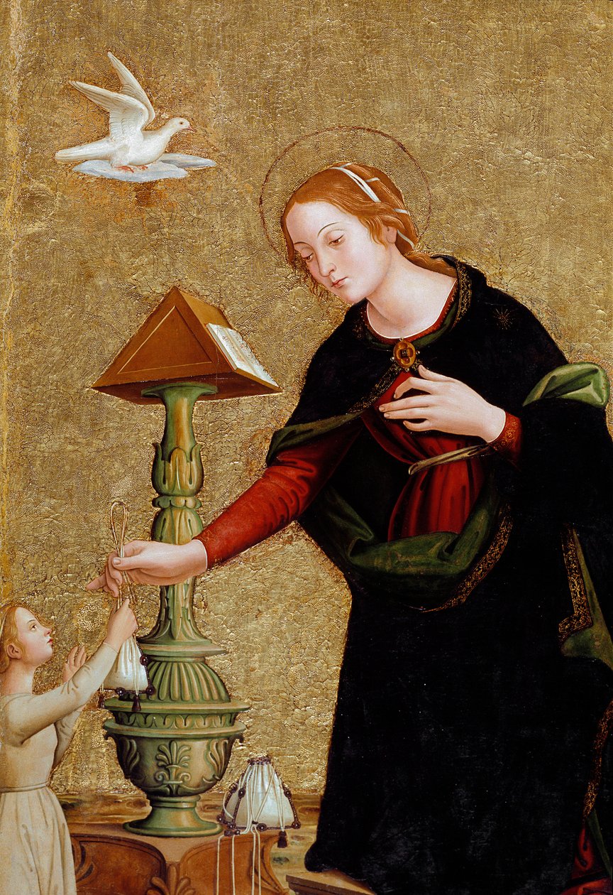 Detail der Jungfrau, aus Verkündigung mit Kardinal Juan de Torquemada (Gemälde, ca. 1460) von Antoniazzo Romano