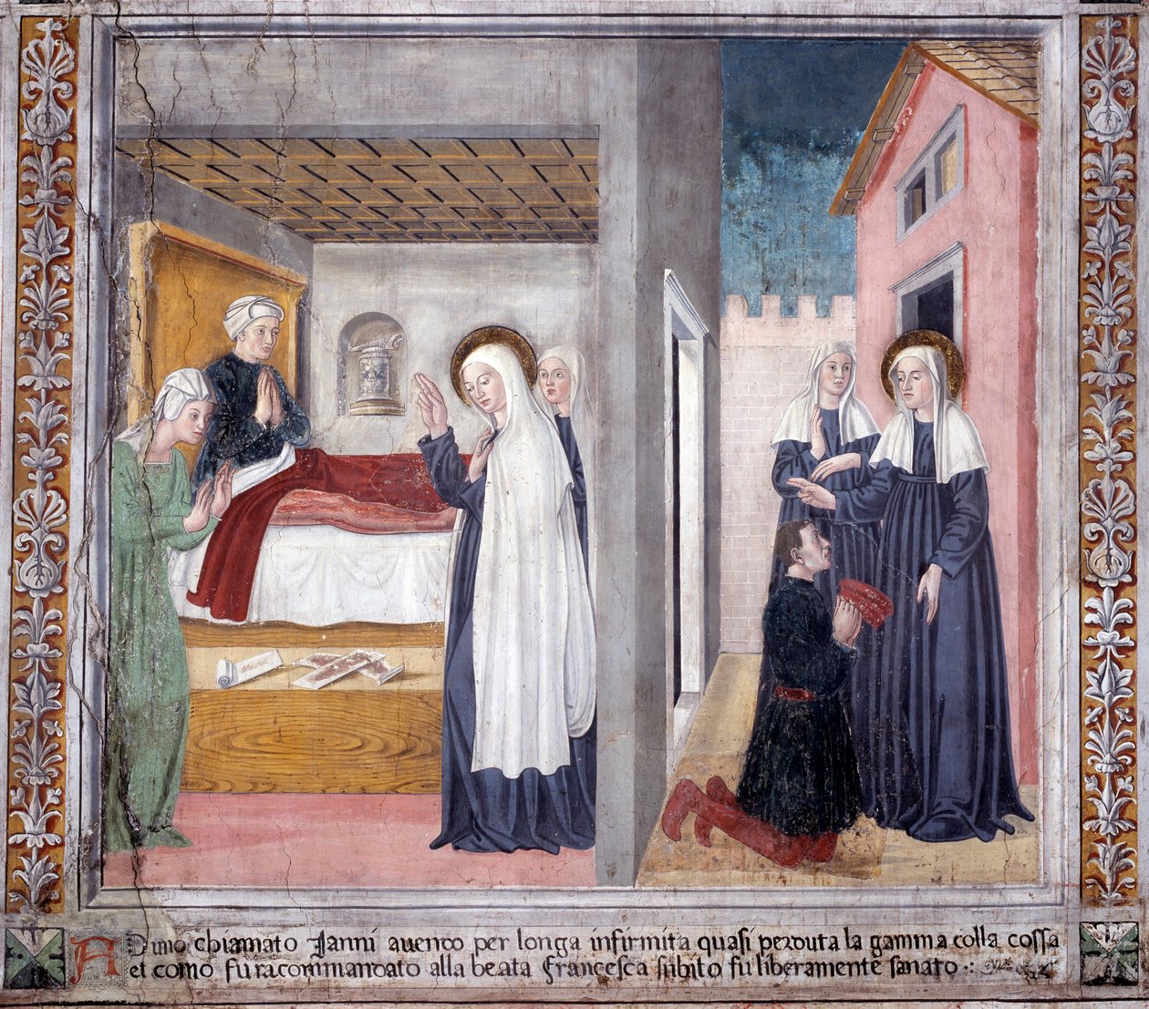 Leben der Heiligen Francesca Romana: Die Heilige heilt einen Mann, der sein Bein verloren hat von Antoniazzo Romano