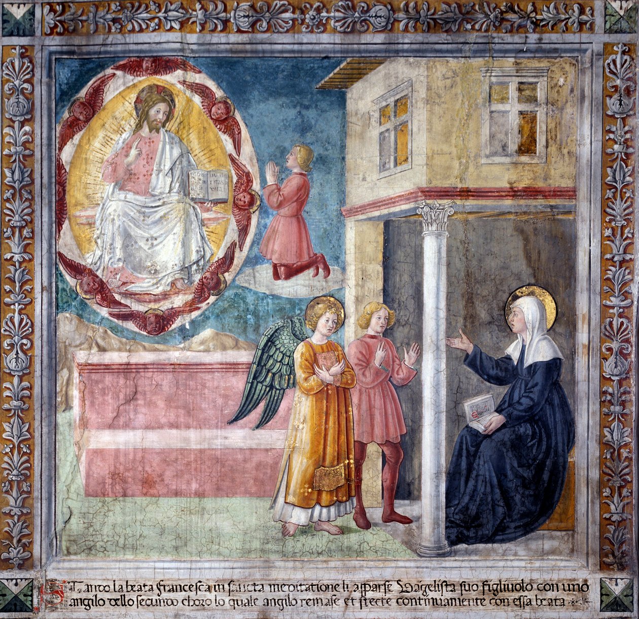 Leben der heiligen Francesca Romana: Der Sohn der Heiligen, der an der Beulenpest starb, erscheint ihr mit einem Engel von Antoniazzo Romano
