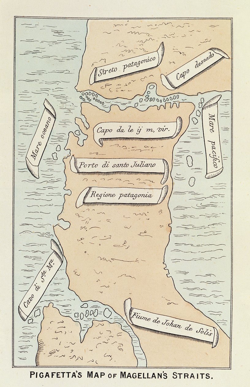 Patagonien und Feuerland zeigen die Meerenge, die später den Namen des Navigators tragen wird, aus Ferdinand Magellans 