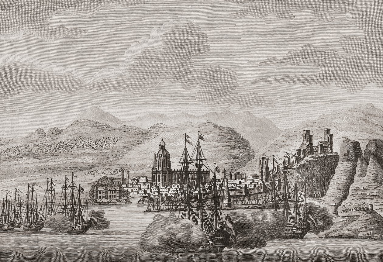Niederländische Flotte vor Malaga, Spanien 1784, Salut schießend. (Druck) von Antonio (after) Suntach