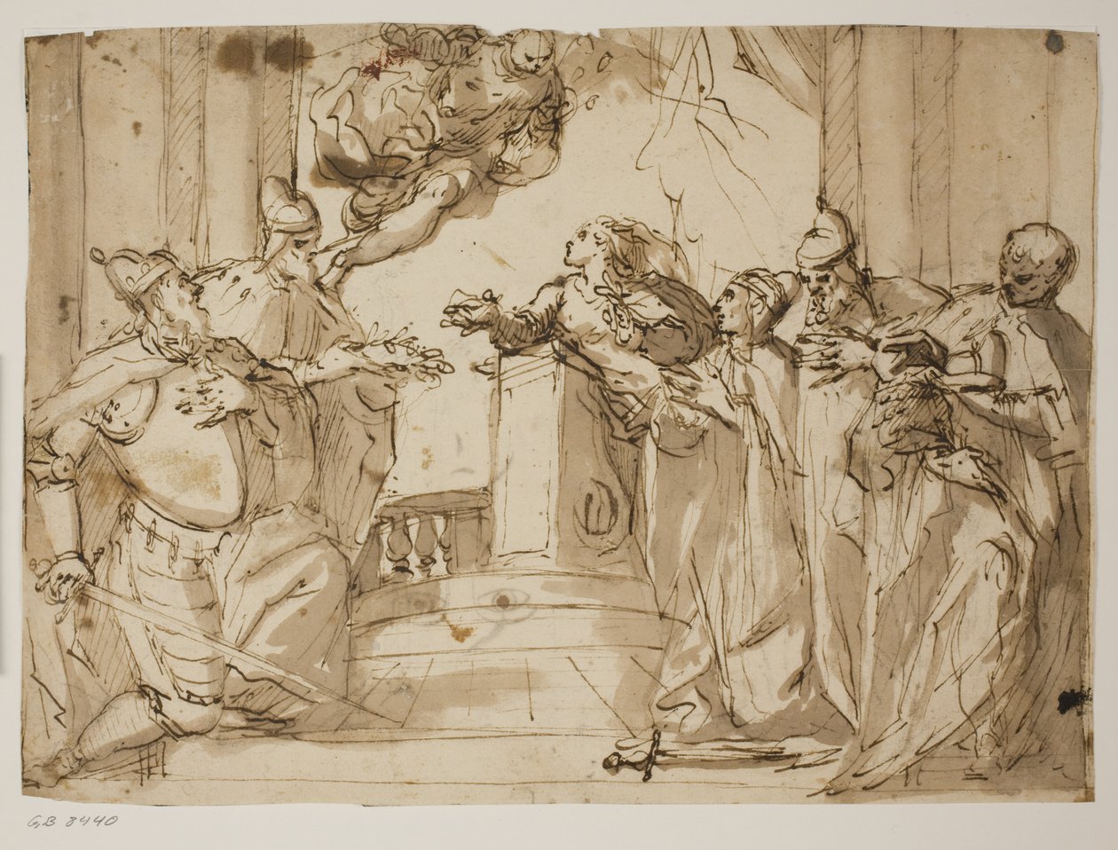 Vier Dogen und ein Mann in einem Mantel mit der Dogenkappe in den Händen, mit der Verkündigung (?) im Hintergrund von Antonio Aliense