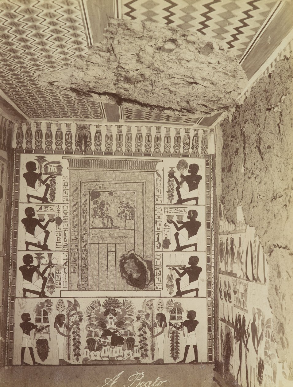 Grab von Nakht in Theben, Ansicht der bemalten Wand und Decke des Grabes von Antonio Beato