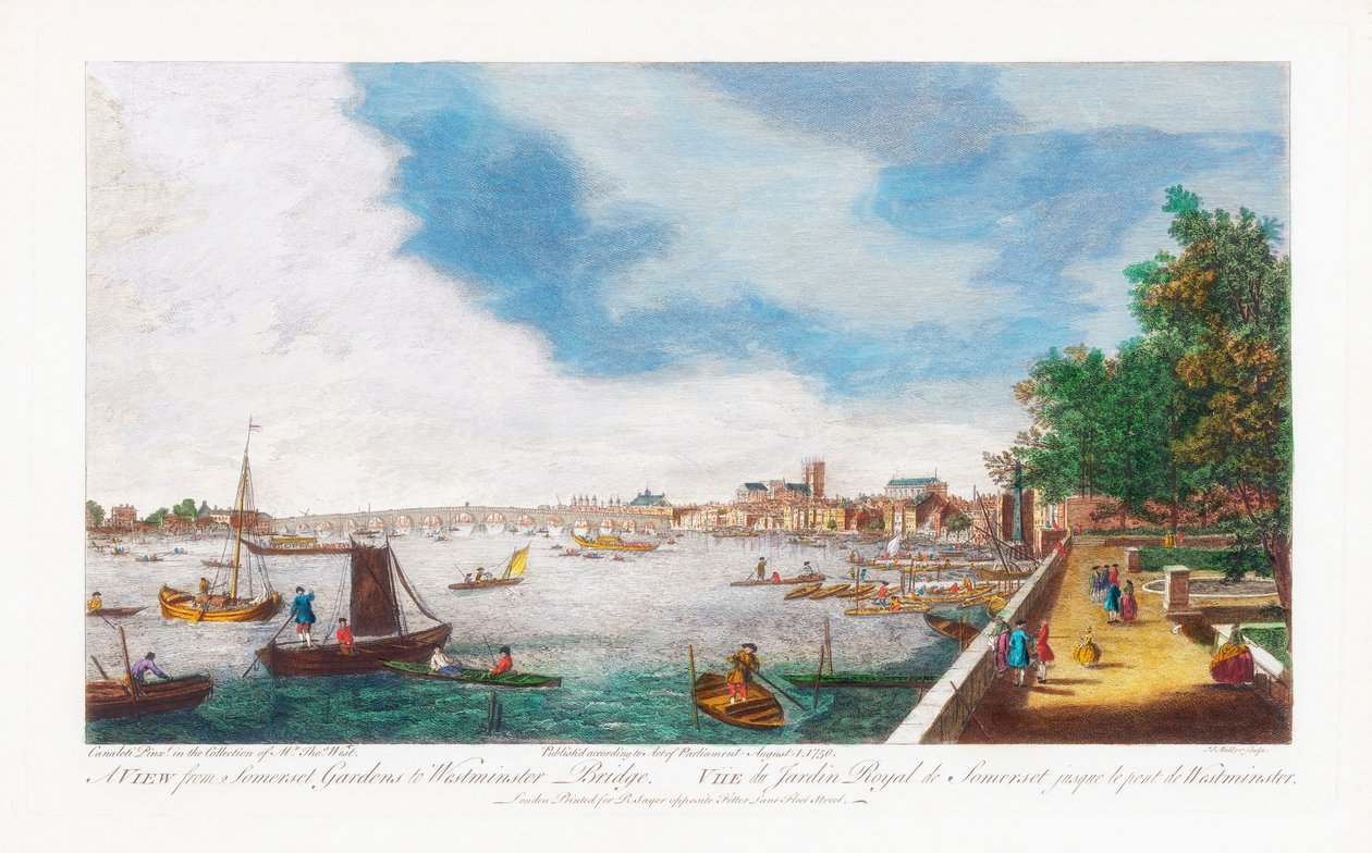 Ein Blick von Somerset Gardens zur Westminster Bridge, graviert von John Miller, 1750 von Giovanni Antonio Canal