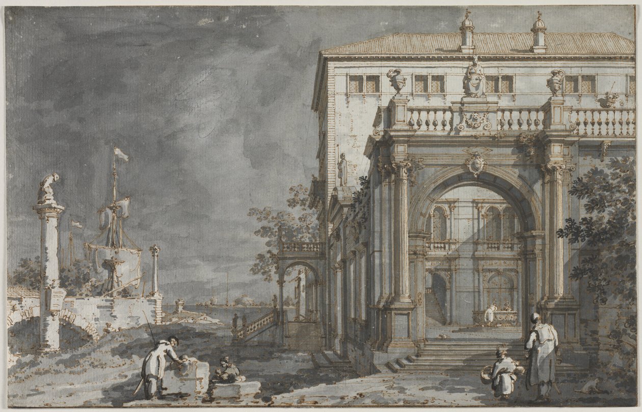 Capriccio: Ein Palast mit einem Hof am Lagune, ca. 1750-1755 von Giovanni Antonio Canal