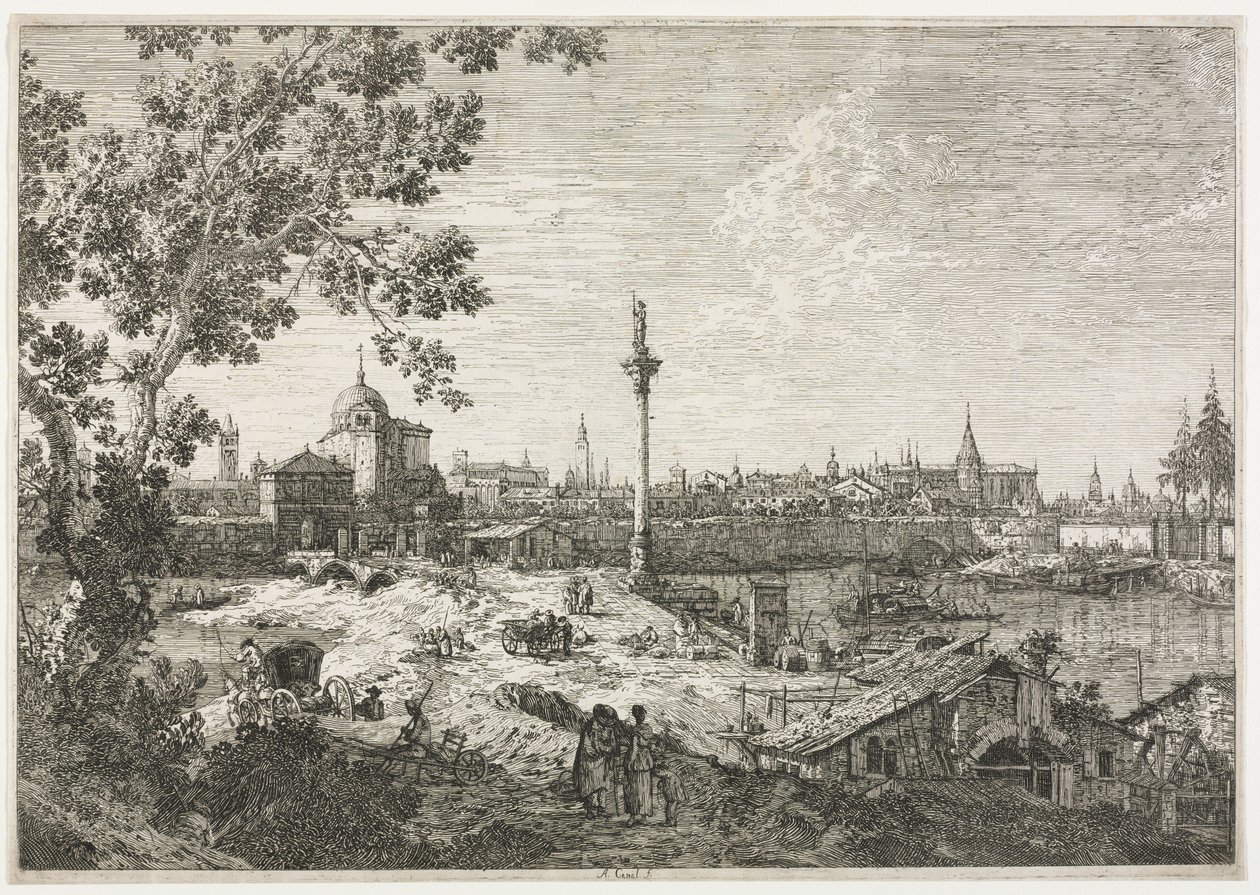 Panorama einer Stadt an einem Fluss von Antonio Canaletto