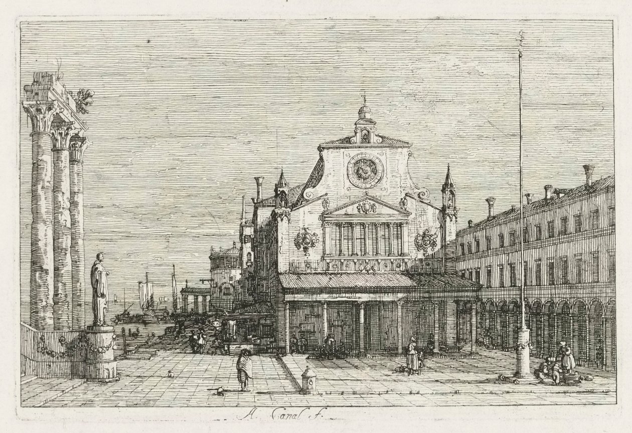Ansichten: Drei Säulen und eine Statue an der Küste, 1735-1746 von Giovanni Antonio Canal