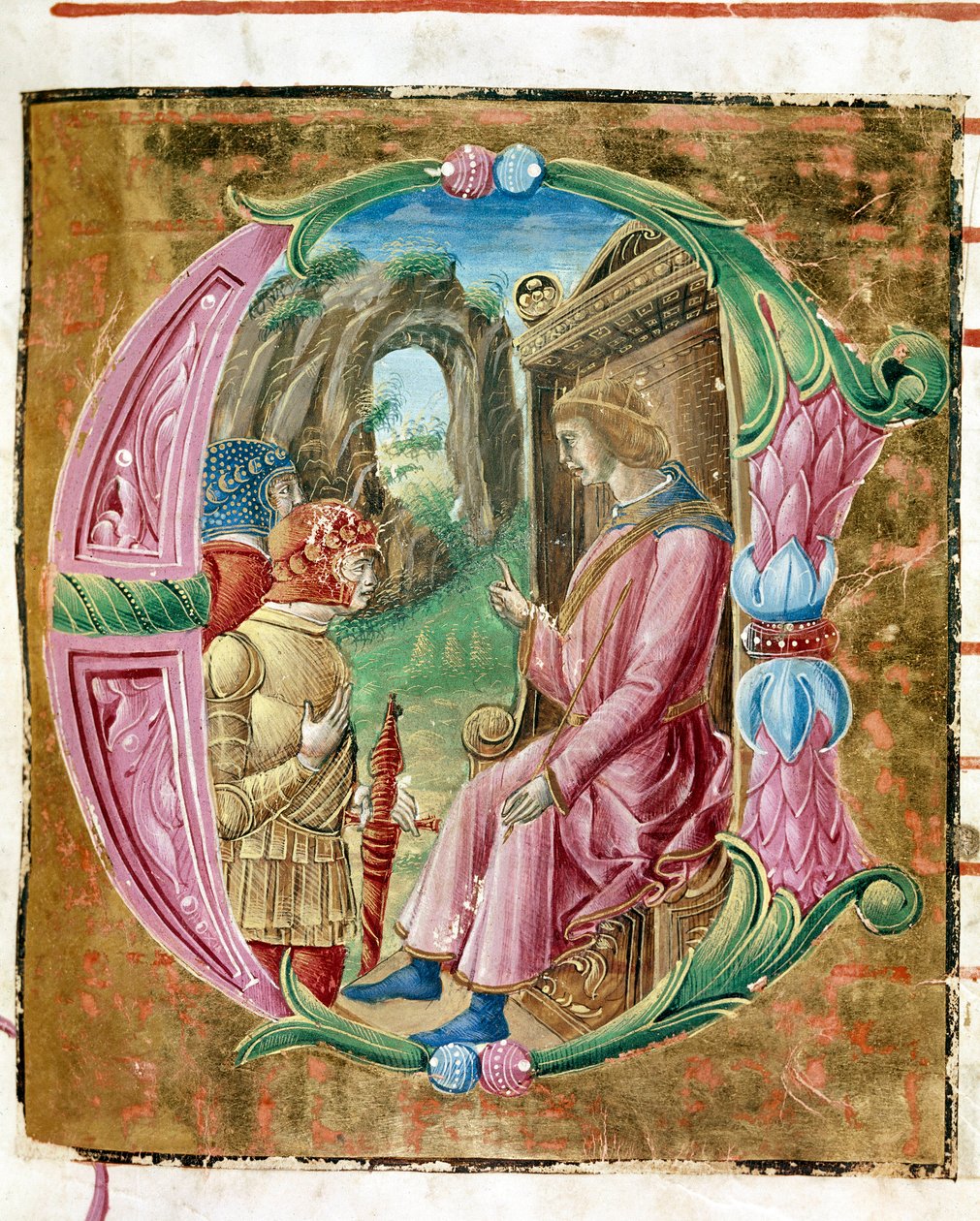 Herodes I. der Große befiehlt das Massaker an unschuldigen Lettrinen, illuminiert von Antonio Cicognari. Detail eines Antiphonars. 1483. Cremone, choral 4, capitolo del duomo von Antonio Cicognara
