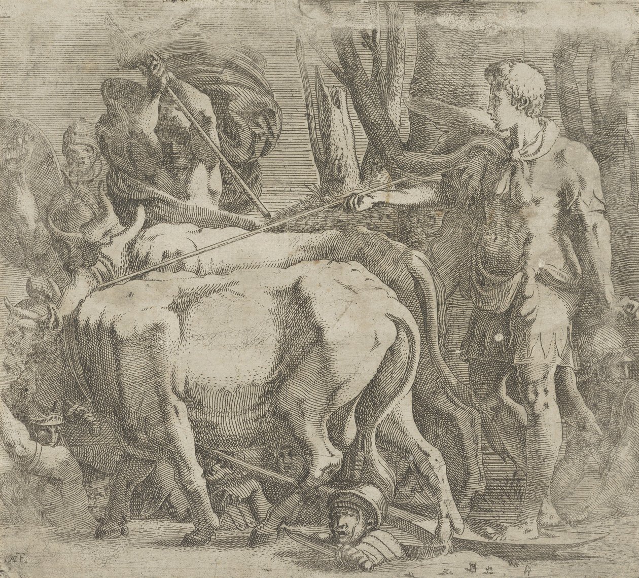 Kadmos pflügt das Feld, auf dem er die Drachenzähne gesät hat, 1540-45 von Antonio Fantuzzi