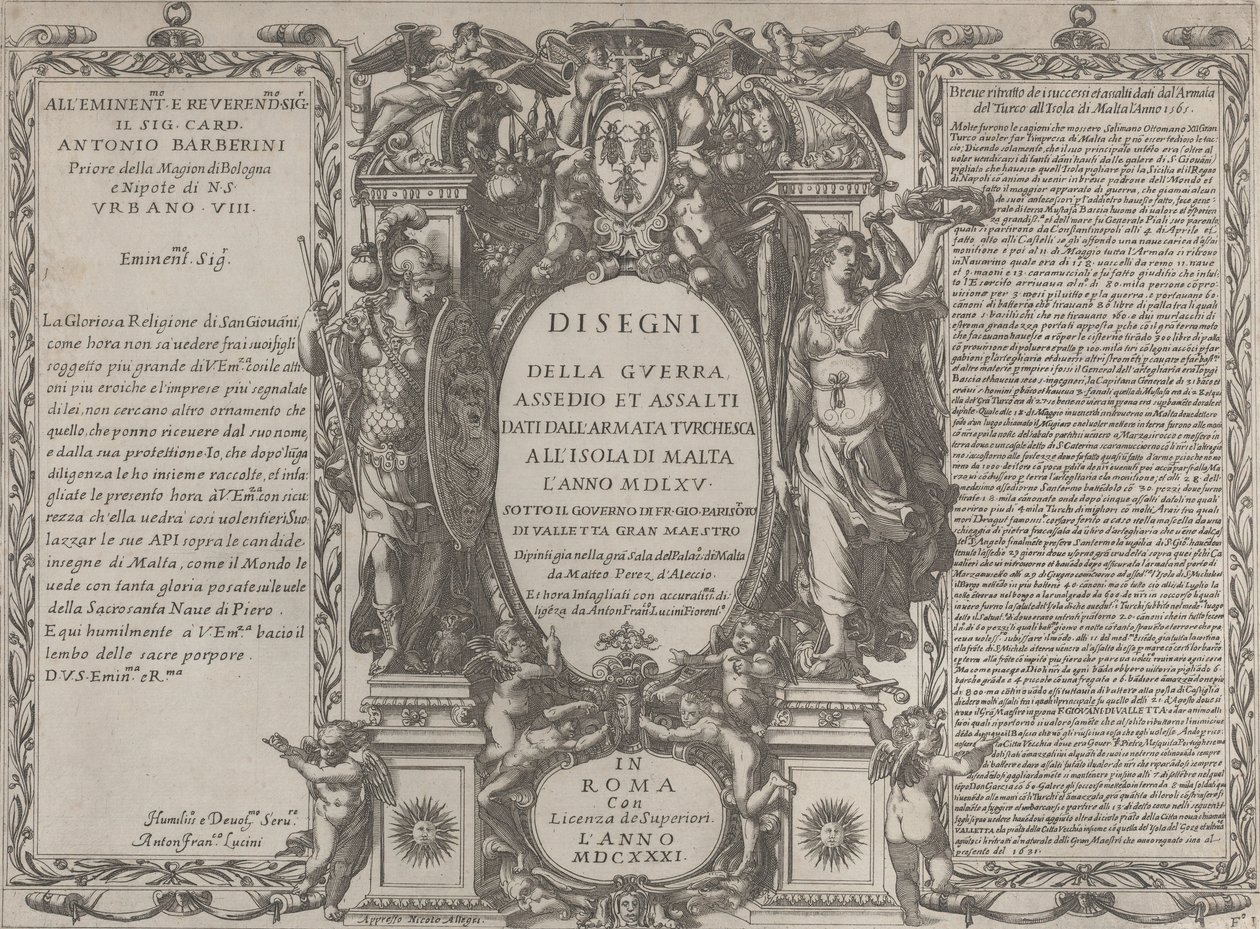 Frontispiz für Zeichnungen des Krieges, Belagerung und Angriff der türkischen Armee auf die Insel..., 1631 von Antonio Francesco Lucini