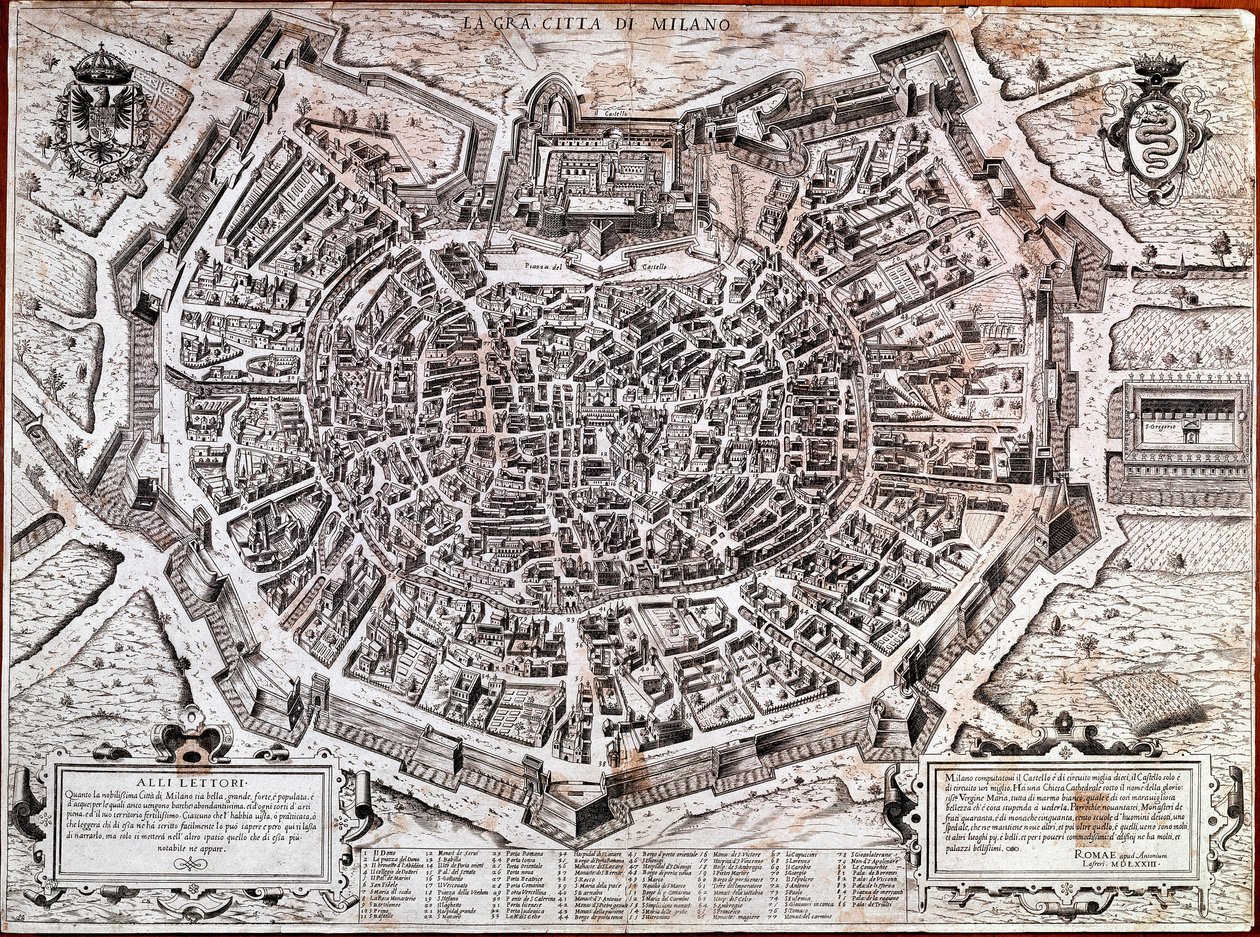 Stadtplan von Mailand, herausgegeben von Antonio Lafreri (1512-1577) im Jahr 1573. Dies ist der älteste Stadtplan von Mailand von Antonio Lafreri