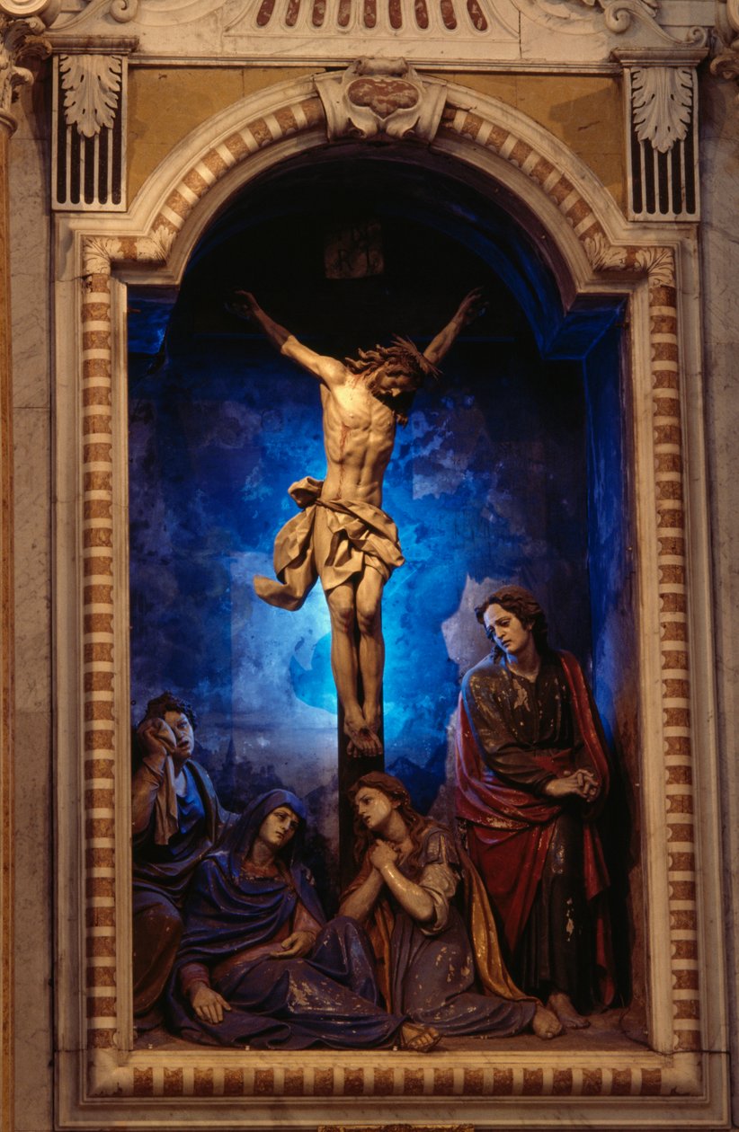 Kreuzigung, von Anton Maria Maragliano (1664-1739), Kreuzkapelle, Heiligtum Unserer Lieben Frau von Acquasanta, Acquasanta, Genua, Ligurien, Italien von Antonio Maria Maragliano