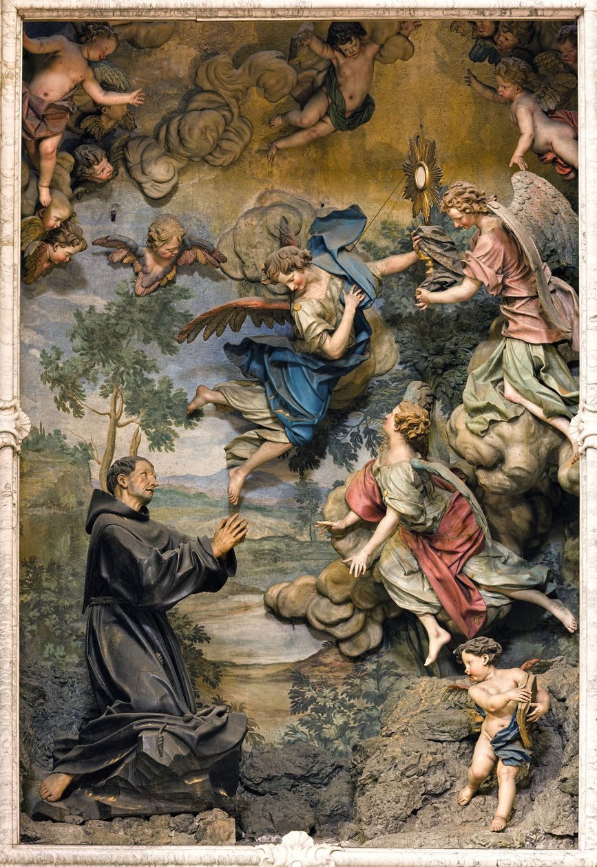 San Pasquale Baylon in Anbetung (Fresko auf geschnitztem Holz) von Antonio Maria Maragliano