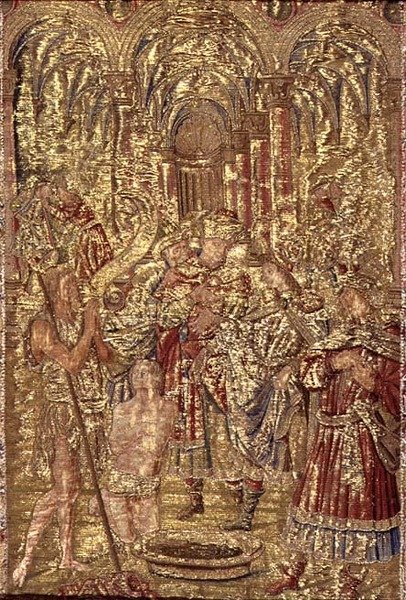 Johannes der Täufer kündigt den Pharisäern die Mission Christi an, Wandteppich mit Szenen aus dem Leben des Heiligen von Antonio Pollaiuolo