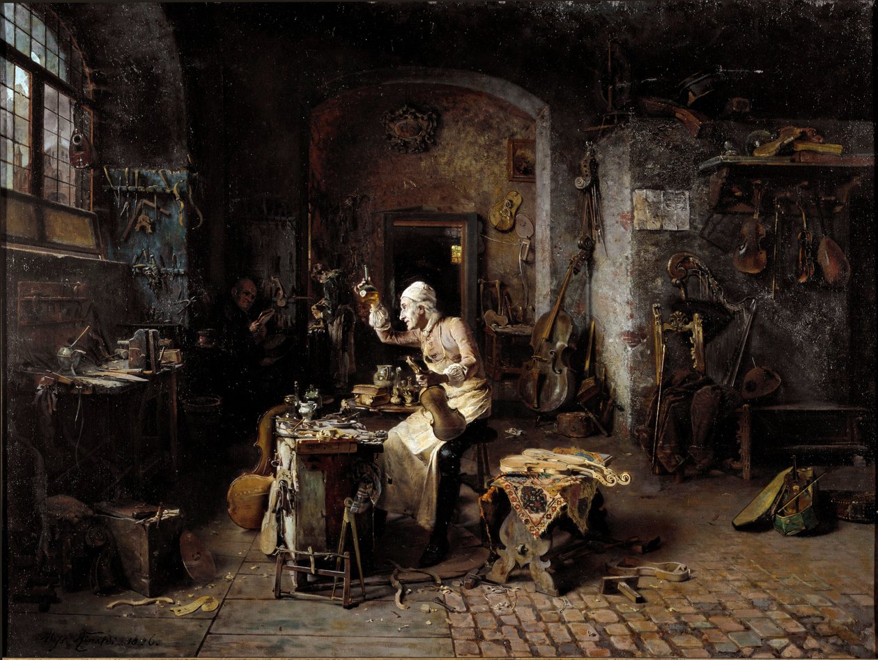 Der italienische Geigenbauer Antonio Stradivari in seiner Werkstatt von Antonio Rinaldi