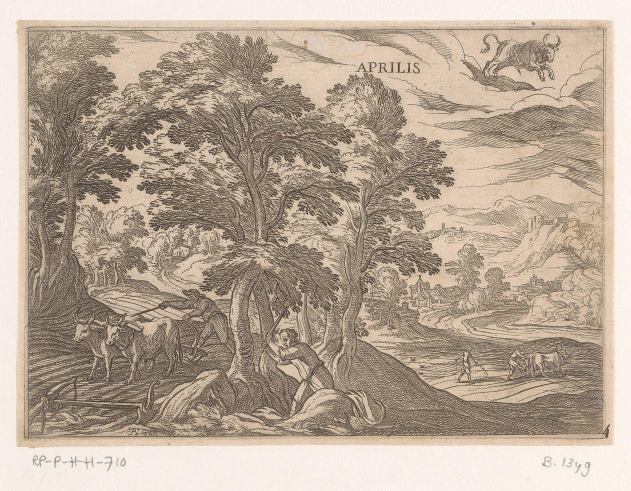 April: Pflügen und Säen (Stier) von Antonio Tempesta