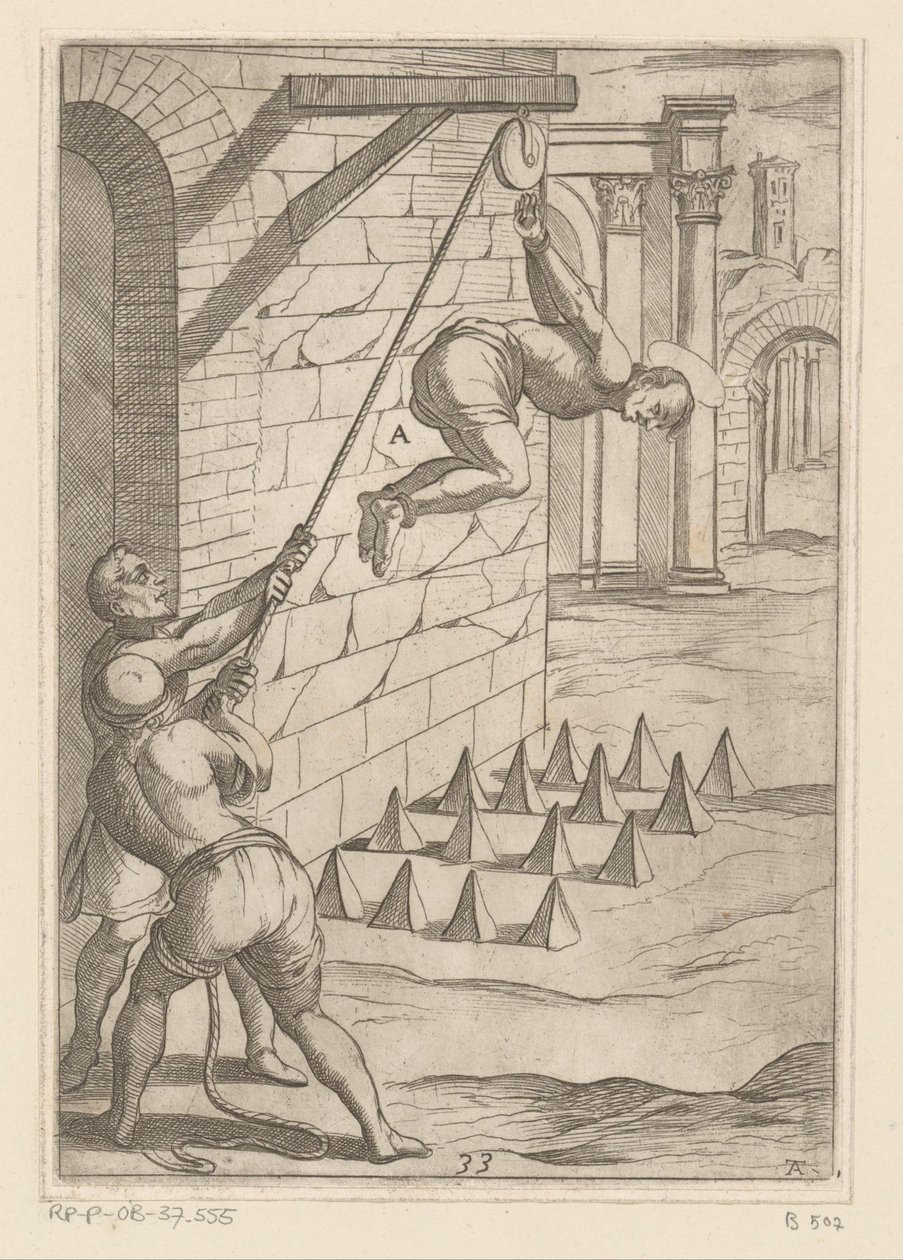 Folter: das Fallenlassen auf scharfe Spitzen (Martyrien der christlichen Märtyrer) (Varia tormentorum et suppliciorum crudelium) von Antonio Tempesta