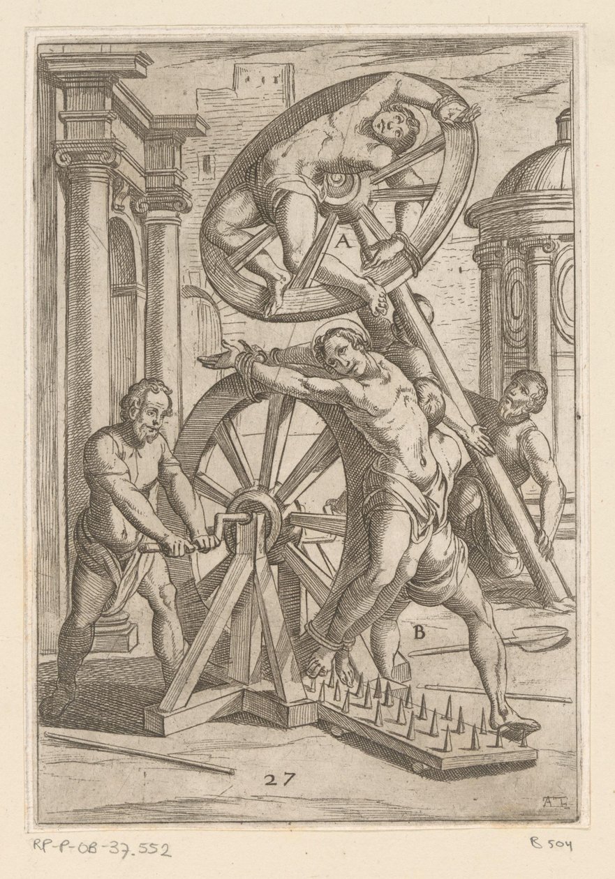 Folterung mit scharfen Spitzen und Rädern (Martelingen ondergaan door christelijke martelaars) (Varia tormentorum et suppliciorum crudelium) von Antonio Tempesta