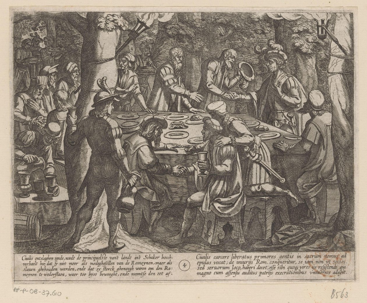 Julius Civilis erzählt den niederländischen Ältesten, dass sie von den Römern wie Sklaven behandelt werden Der Bataverkrieg gegen die Römer (Serientitel) Batavorum cum Romanis Bellum (Serientitel) von Antonio Tempesta