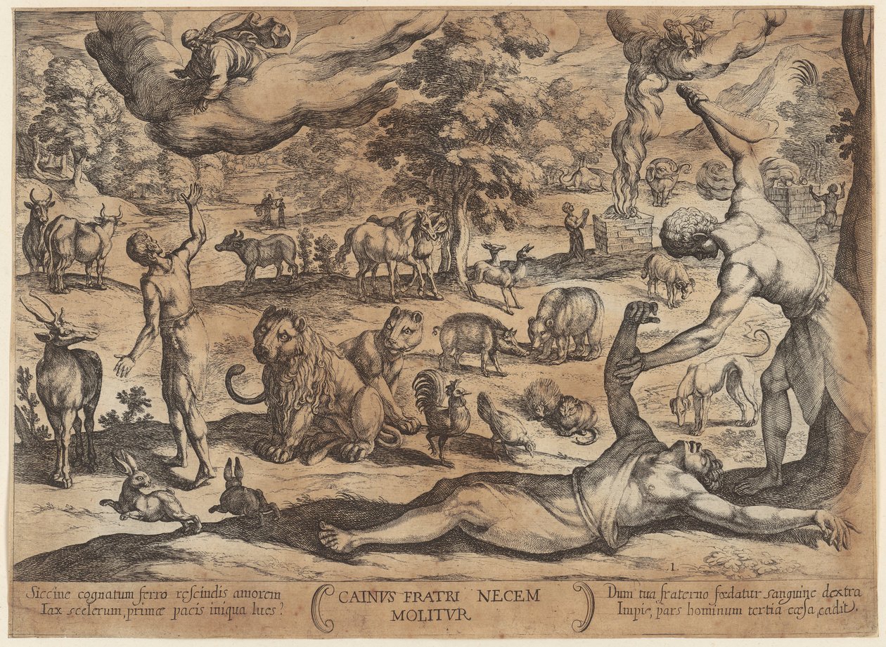 Kain tötet Abel, Blatt 1 der Folge "Schlachten des Alten Testaments" von Antonio Tempesta