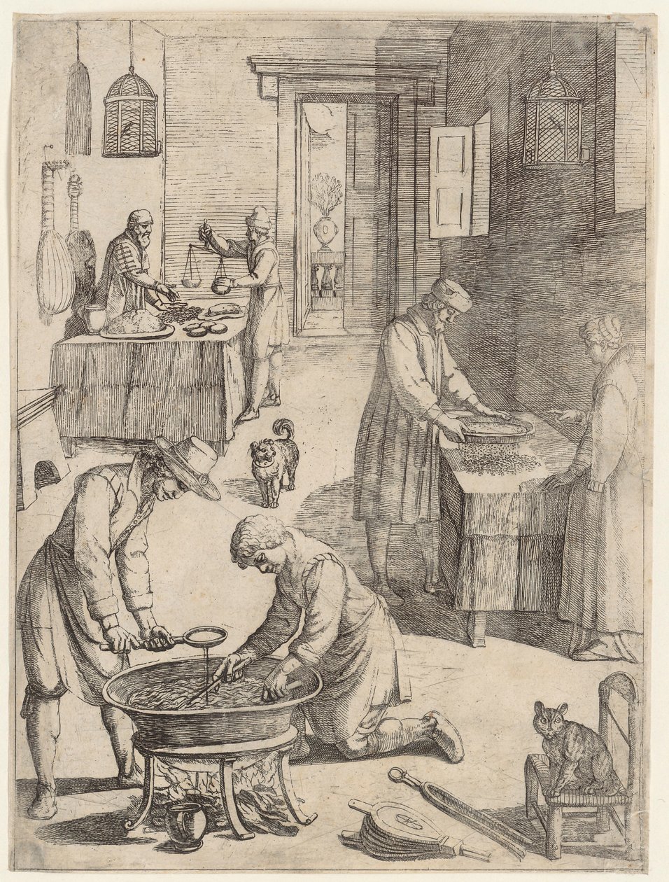 Männer und Frauen beim Wiegen, Sieben und Brühe kochen von Antonio Tempesta