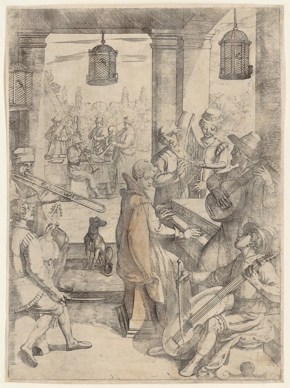 Musikalische Versammlung in der Gesellschaft der gefangenen Vögel von Antonio Tempesta