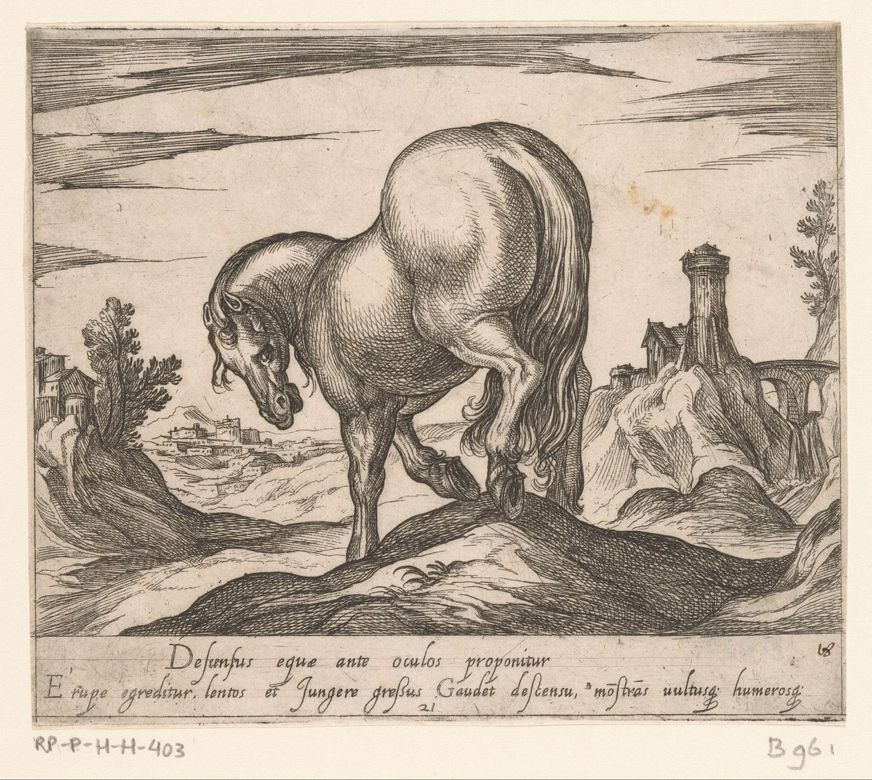 Pferd, das einen Hügel hinunterläuft, von hinten gesehen von Antonio Tempesta