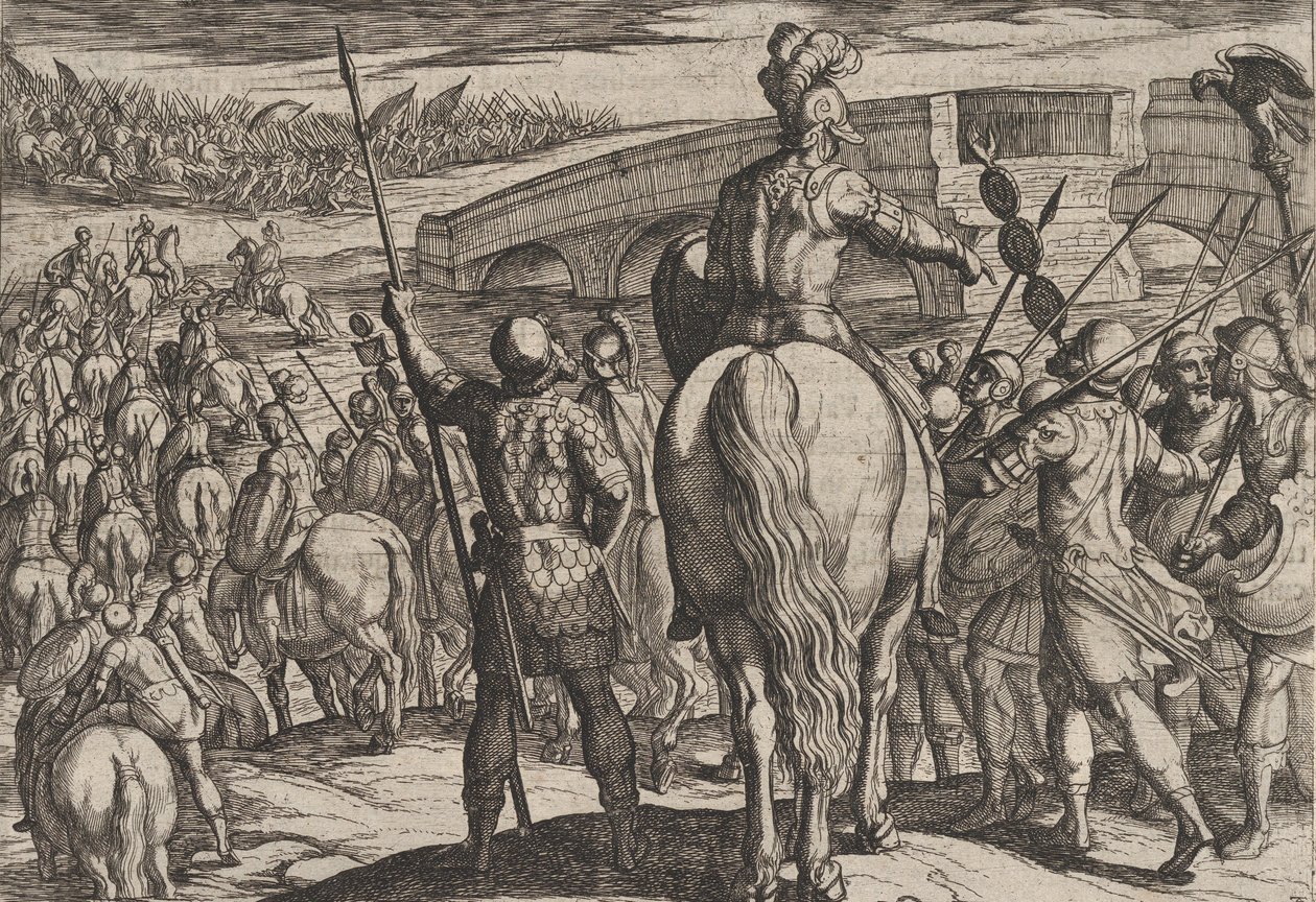 Tafel 24: Die Vorhut der neuen römischen Truppen wird zurückgeschlagen, aus Der Krieg der Römer (1611) von Antonio Tempesta