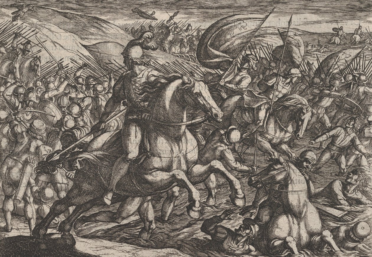 Tafel 30: Cerialis treibt die Niederländer in den Rhein, aus Der Krieg der Römer gegen die..., 1611 von Antonio Tempesta