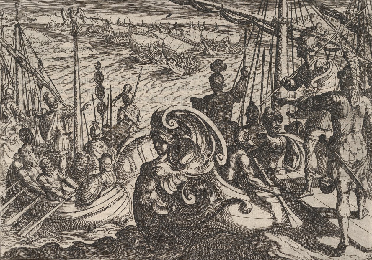 Tafel 33: Niederländische und römische Flottillen am Rhein, aus Der Krieg der Römer gegen die B..., 1611 von Antonio Tempesta
