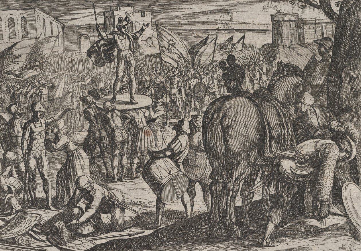 Platte 5: Bruno zum Anführer der Caninefaten ernannt, aus Der Krieg der Römer gegen die..., 1611 von Antonio Tempesta