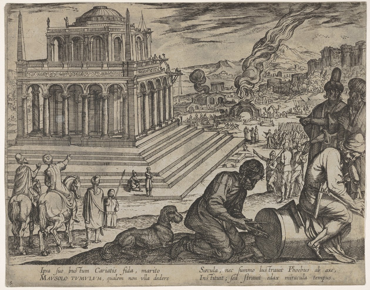 Tafel 5: Grab des Mausolus, Steinmetze machen rechts eine Säule, aus "Die sieben Weltwunder" von Antonio Tempesta